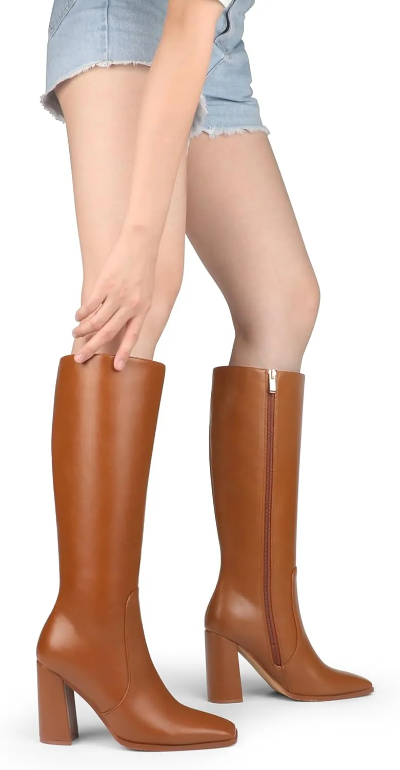 Zzheels Women's Knee High Boots Square Toe Chunky Knee Heeled Boots Long Boots for Women