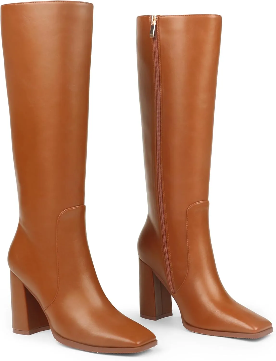 Zzheels Women's Knee High Boots Square Toe Chunky Knee Heeled Boots Long Boots for Women